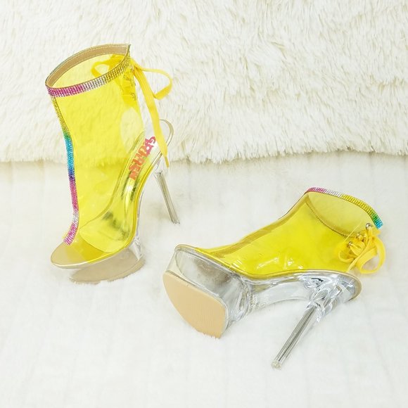 Yellow Clear Platform Heels Shoes Rhinestone Trim Golden Bulls - Picture 8 of 14